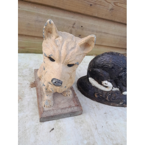 173 - Vintage painted spelter Westie dog on plinth an cast iron cat door stop