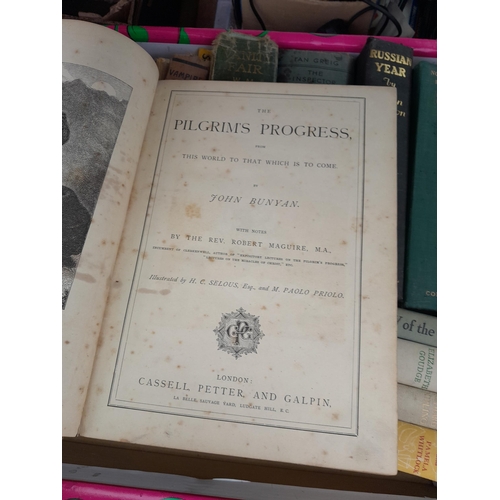 192 - Box of antique and vintage books : Pilgrims Progress, nicely bound early edition of Venice by Mortim... 