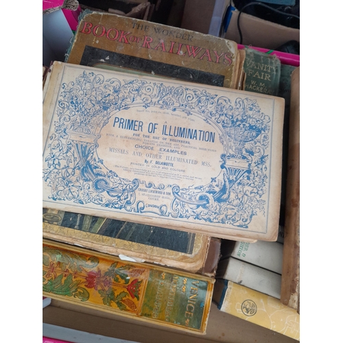 192 - Box of antique and vintage books : Pilgrims Progress, nicely bound early edition of Venice by Mortim... 