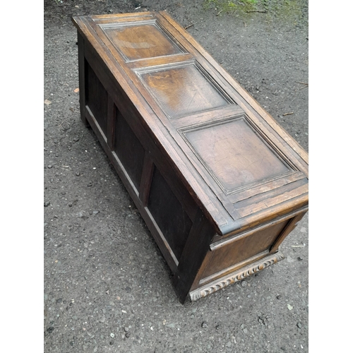 251 - Late Victorian carved oak three panelled coffer, nice patina some light stains on top