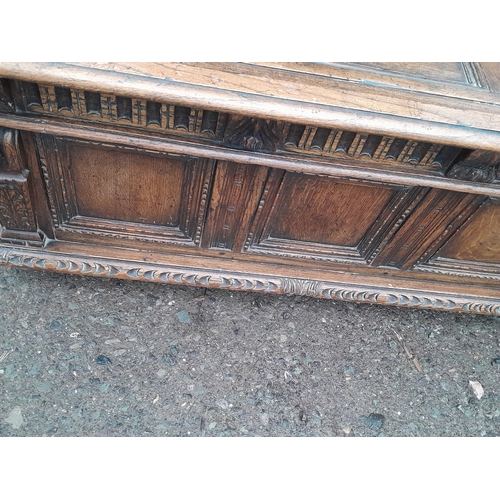 251 - Late Victorian carved oak three panelled coffer, nice patina some light stains on top