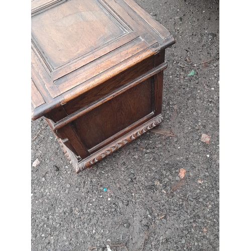 251 - Late Victorian carved oak three panelled coffer, nice patina some light stains on top