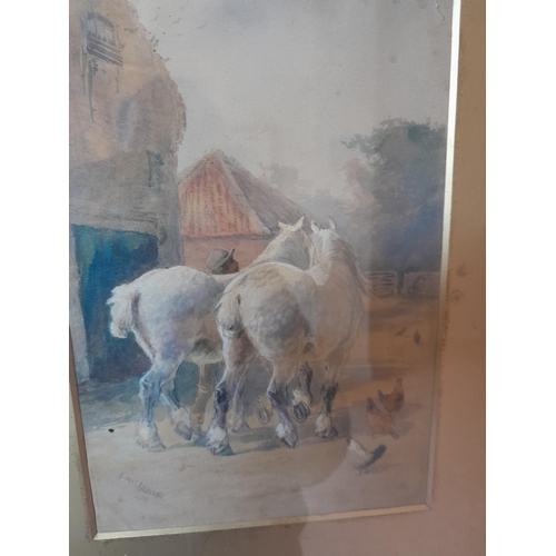 21 - 19th century watercolour horse in Farm Yard scene by Emily Atkinson