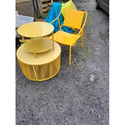 20 - Mid Century designer type metal table with rubber straps one small and chair to match