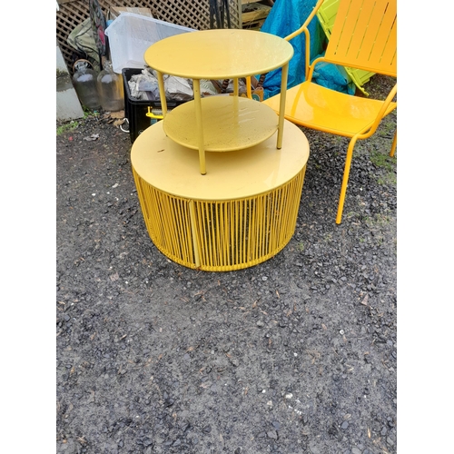 20 - Mid Century designer type metal table with rubber straps one small and chair to match