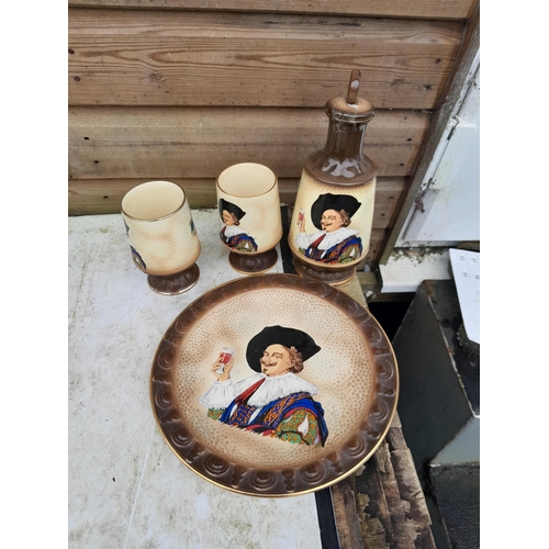 30 - Brass and silver plate & Sylvac Cavalier decanter and plate etc.