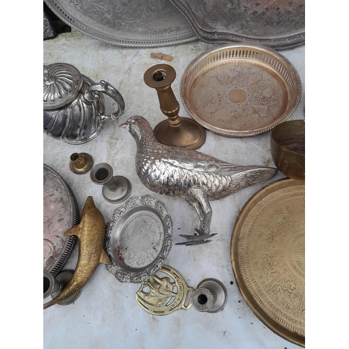 34 - Silver plate and brass ware : dishes, grouse with beaded glass eyes etc.