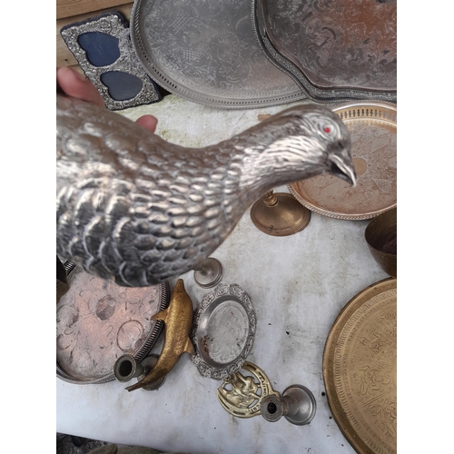 34 - Silver plate and brass ware : dishes, grouse with beaded glass eyes etc.