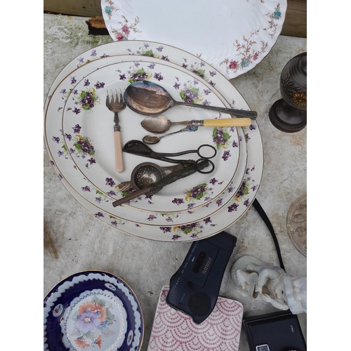 36 - Decorative china and glassware : personal cassette player , silver plated cutlery, wick trimmer etc.