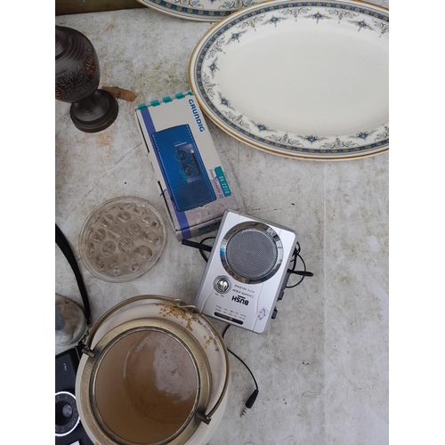 36 - Decorative china and glassware : personal cassette player , silver plated cutlery, wick trimmer etc.