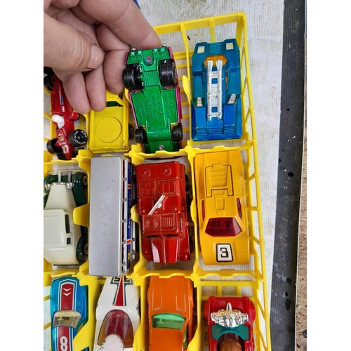 39 - Die cast toy cars, Hotwheels. Corgi and others, play worn but in good order in Matchbox carry case