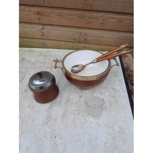 42 - Oak salad bowl and servers, early pressed glass advertising jug