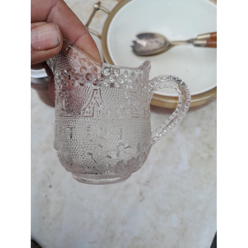 42 - Oak salad bowl and servers, early pressed glass advertising jug