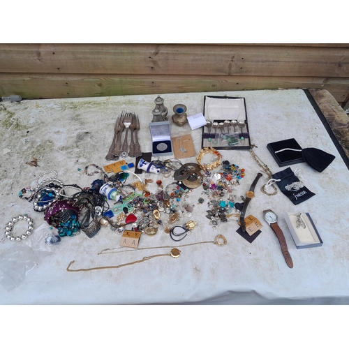 44 - Costume jewellery, small amount of silver included, silver plated cutlery etc.