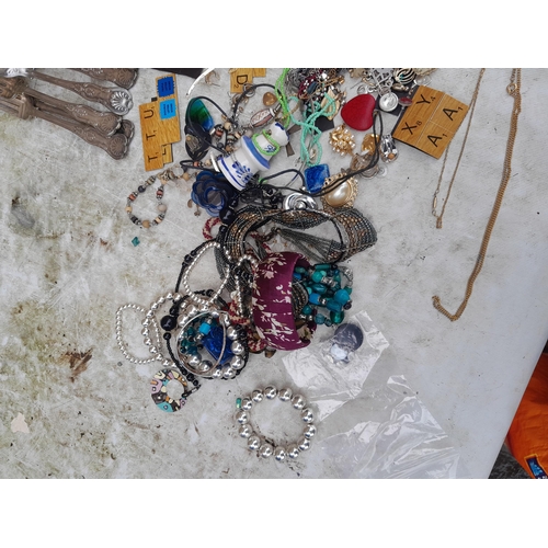 44 - Costume jewellery, small amount of silver included, silver plated cutlery etc.