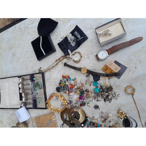 44 - Costume jewellery, small amount of silver included, silver plated cutlery etc.