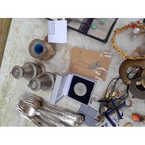 44 - Costume jewellery, small amount of silver included, silver plated cutlery etc.