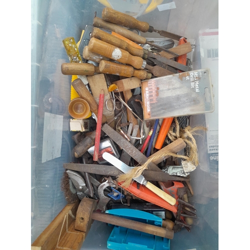 51 - box of tools, wood working chisels, Ronson lighter etc.