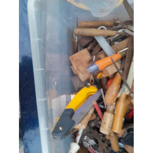 51 - box of tools, wood working chisels, Ronson lighter etc.