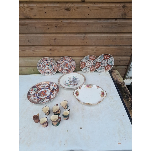 59 - Decorative plates, Royal Doulton miniature character jugs, Royal Albert Old Country Roses plate