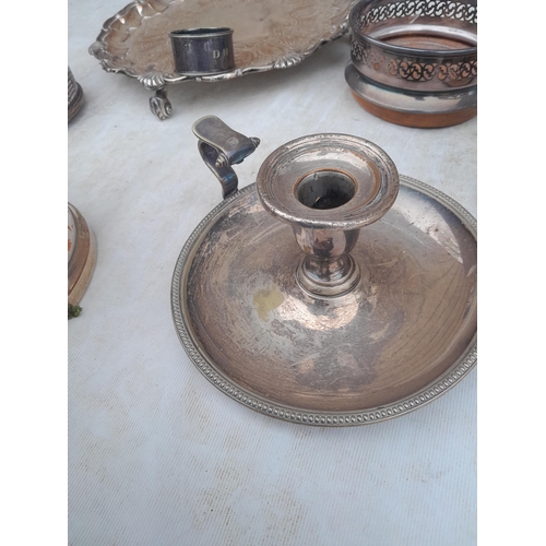 65 - Silver plated ware : chamber stick, Sheffield plate coasters, tray etc. & Key date newspapers