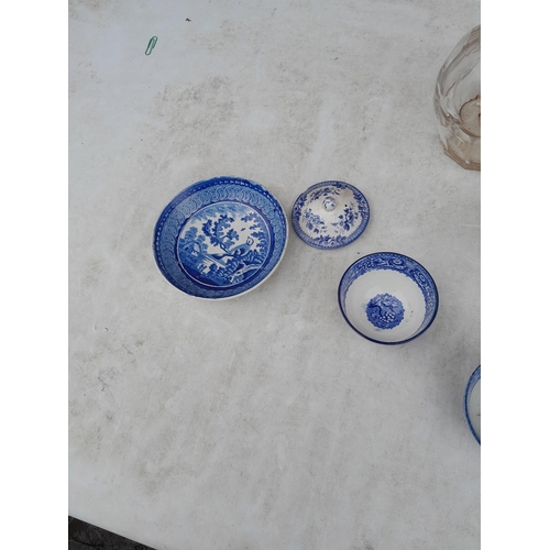 70 - 2 x 19th century glass decanters & 18th & 19th century blue and white transfer ware