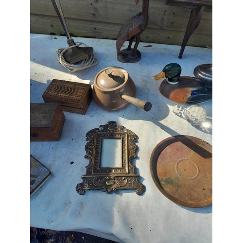 77 - Assorted wooden ware, duck ornaments, brass copper, Sheffield plated candle sticks