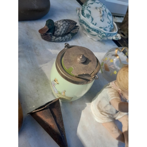 78 - Decorative china and glass : Edwardian Austrian bisque piano ornament, glass jar with plated cover, ... 