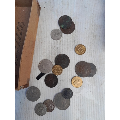 113 - Box of oddments : Coins Victoria silver coin and post decimal coinage, brass lamp etc.