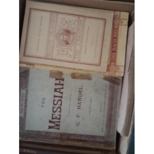 123 - Box of books, key date newspapers and box of early 20th century sheet music