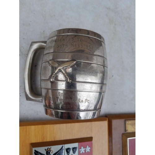 124 - Military interest : Gurkha silver plated presentation tankard & 3 x regiment wall plaques