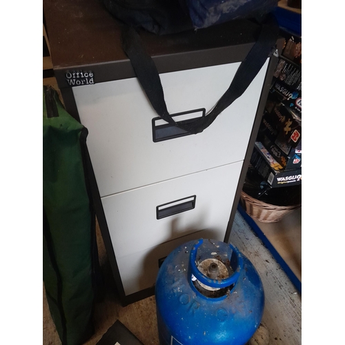 166 - 3 x gas bottles , crate of drinks ,  metal filing cabinet & portable fridge no lead