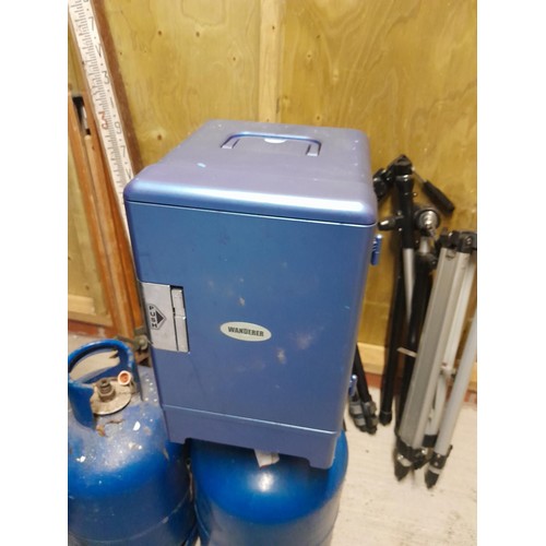 166 - 3 x gas bottles , crate of drinks ,  metal filing cabinet & portable fridge no lead