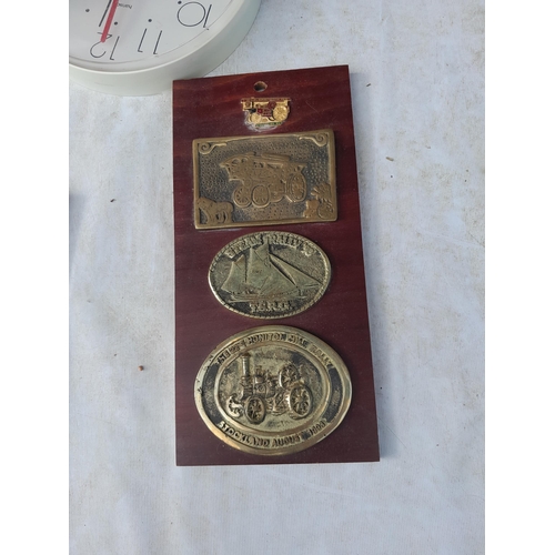 275 - Steam related brass plaques and Emperor wall clock