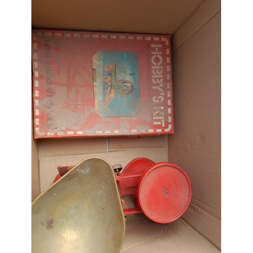 280 - Hobby kit unopened Gypsy Wagon, kitchen scales, steam related Observer books, tins etc.