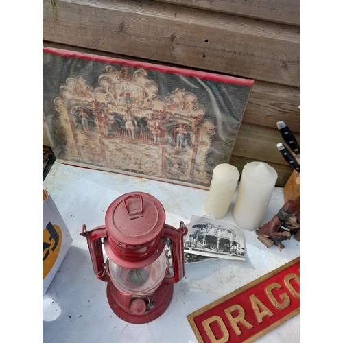 283 - Box of oddments : steam related jigsaw, resin figures, wood and brassware etc.