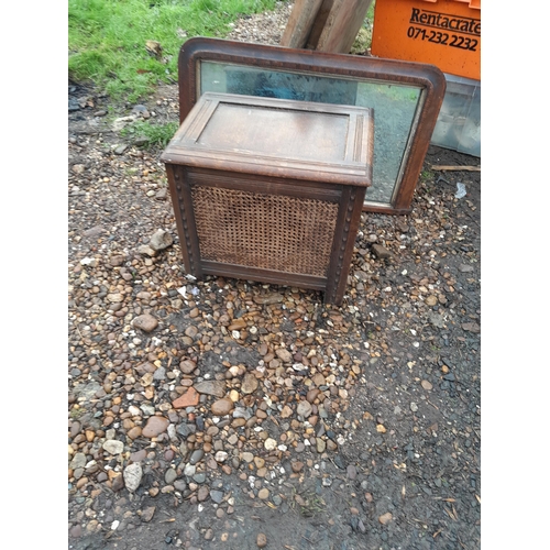 493 - Edwardian inlaid overmantel mirror & vintage oak case speaker