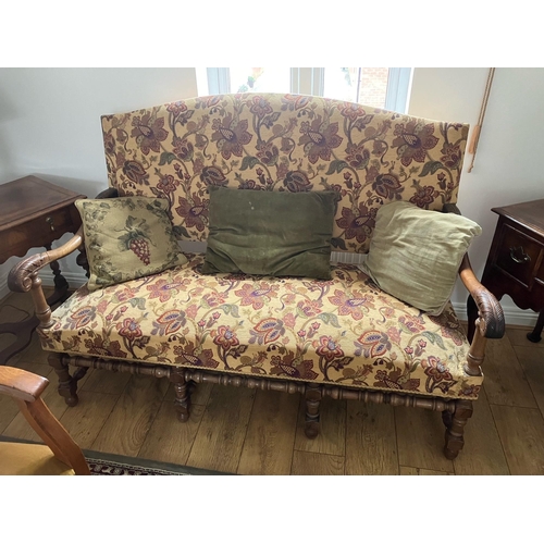 674 - 19th century carved and upholstered settle with turned supports