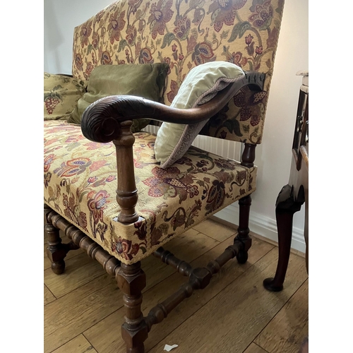 674 - 19th century carved and upholstered settle with turned supports