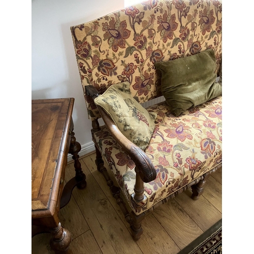 674 - 19th century carved and upholstered settle with turned supports