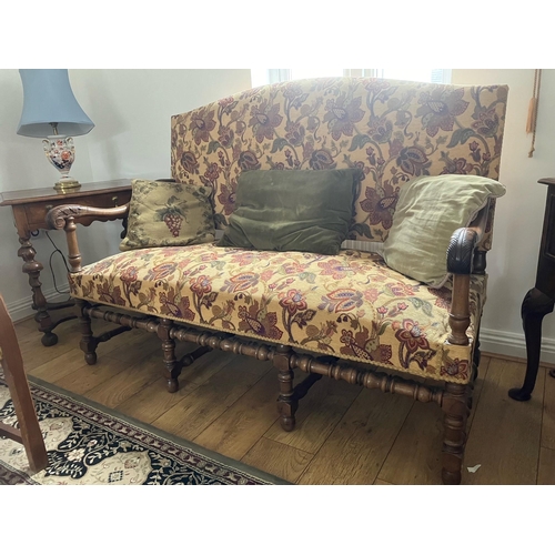 674 - 19th century carved and upholstered settle with turned supports