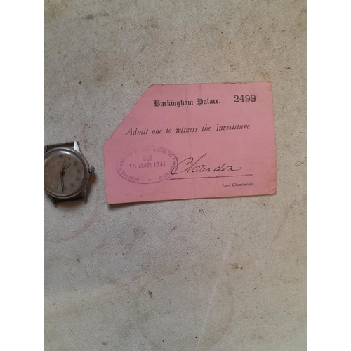 717 - 15 March 1941 investiture signed Lord Chamberlain ticket with a vintage gents wristwatch by Lemainia... 