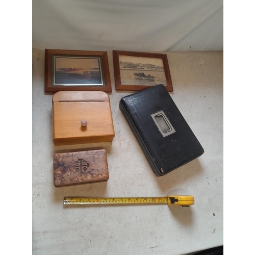 696 - Various early 20th century boxes : calf leather writing box Hugot & Eraud no key