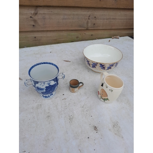 3 - Decorative china, some with damages : Crown Derby slop bowl, Chinese blue and white export damaged v... 