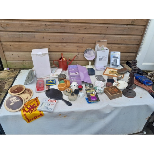 15 - Box of oddments : cloisonne jar and cover, Haws watering can, rosewood candle sticks etc.