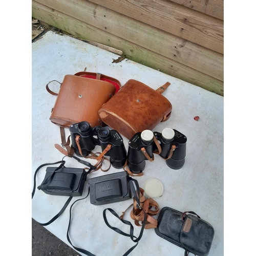 22 - Box of binoculars and cameras : Nipole 10 x 50 & Embecey 20 x 50