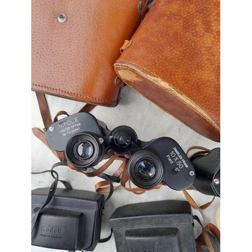 22 - Box of binoculars and cameras : Nipole 10 x 50 & Embecey 20 x 50