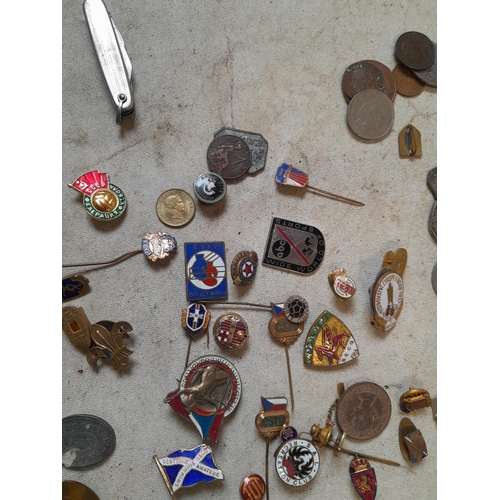 29 - Various vintage enamel and other badges and pins, some military interest, coins