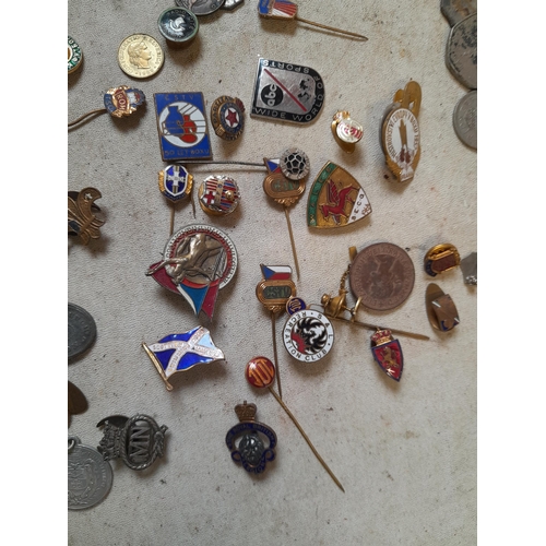 29 - Various vintage enamel and other badges and pins, some military interest, coins