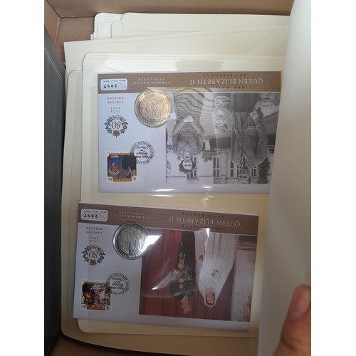 38 - Coins : 41 x Crown sized coin / stamp covers to commemorate QE II 80th Birthday, 4 x empty albums to... 